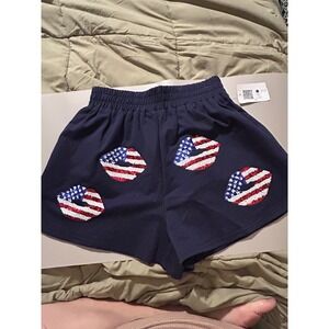 Fawn Navy Blue Cotton Sequin USA Flag Lip Patch Shorts Women Lg Patriotic New